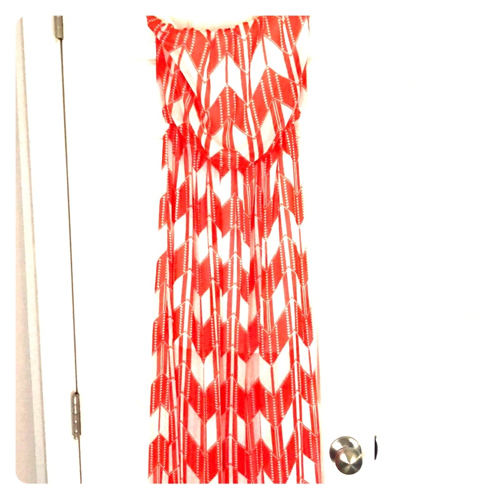 Orange and white strapless maxi